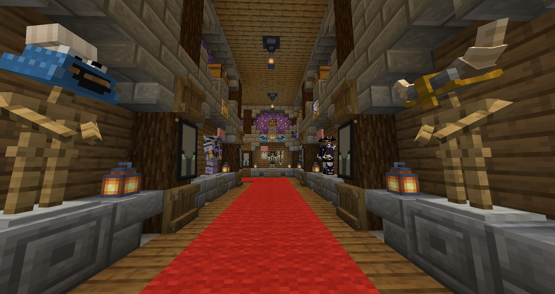 Lantern-lit downstairs gallery displaying armor and collectibles